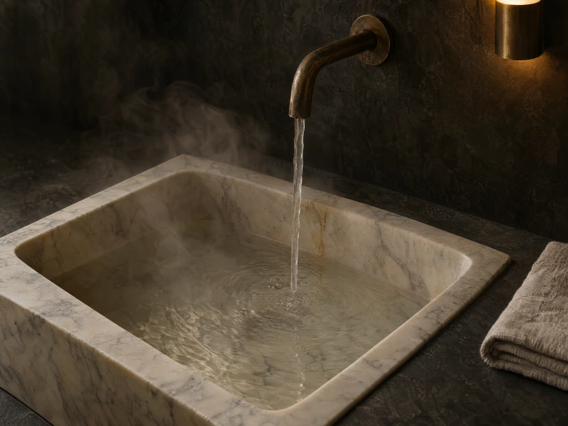 A slim aged brass tap runs a soft rope of warm water into a basin carved from honed cream marble, steam rising off it.