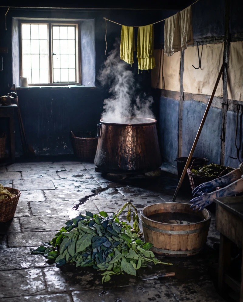 Freshly cut indigo leaf piled beside a tub of water