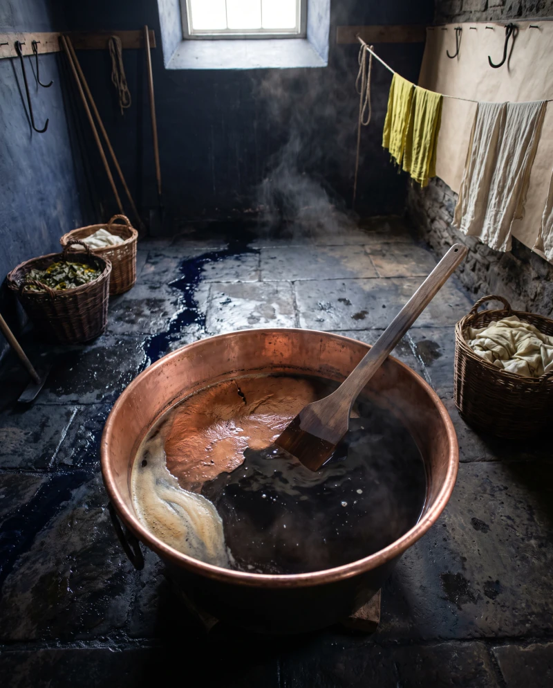 Looking down into a fermenting indigo vat with a paddle resting in it