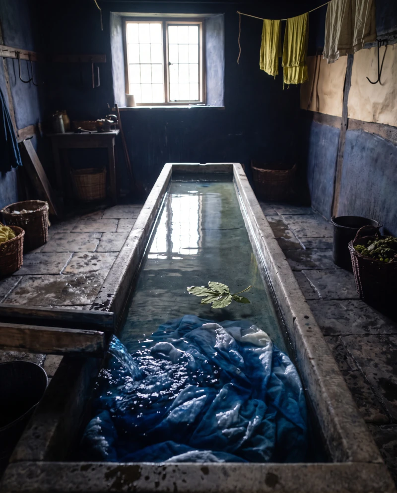 Blue cloth rinsed in a stone trough until the water runs clear