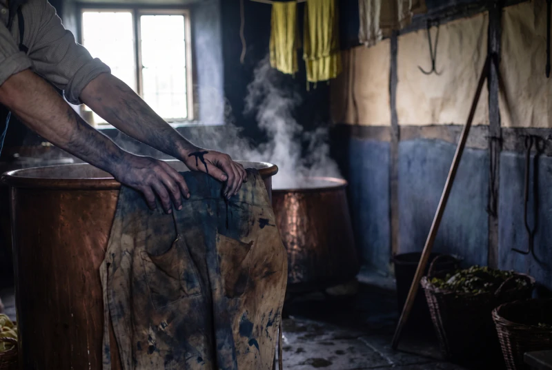 Hands stained indigo to the wrist resting on the rim of a vat