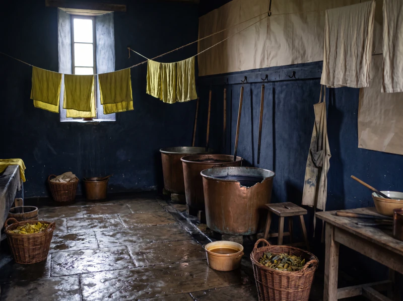 Three indigo vats along a wall with dipping poles hooked above them