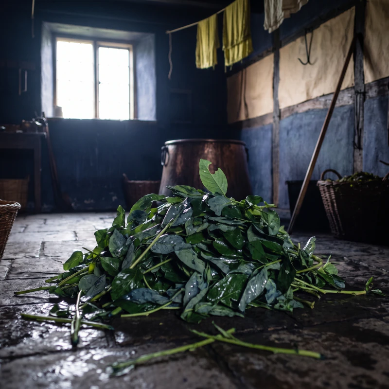 Cut indigo leaf, still wet, heaped on the flagstones