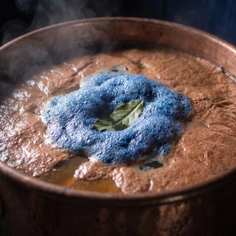 The copper skin of the vat with the blue foam gathered at its centre