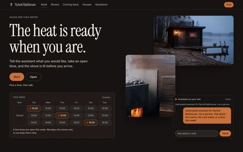 Nyholt Bathhouse demo website, first screen
