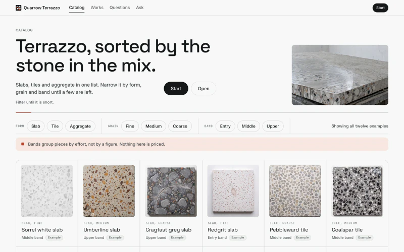 Quarrow Terrazzo demo website, first screen
