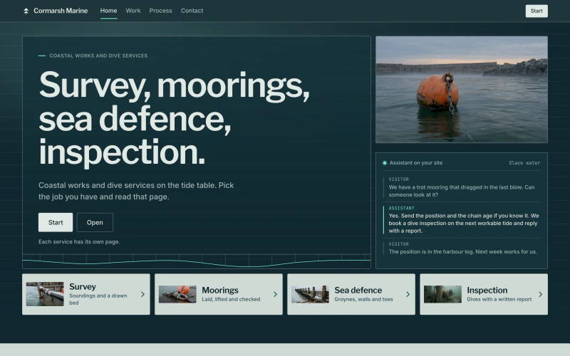 Cormarsh Marine demo website, first screen