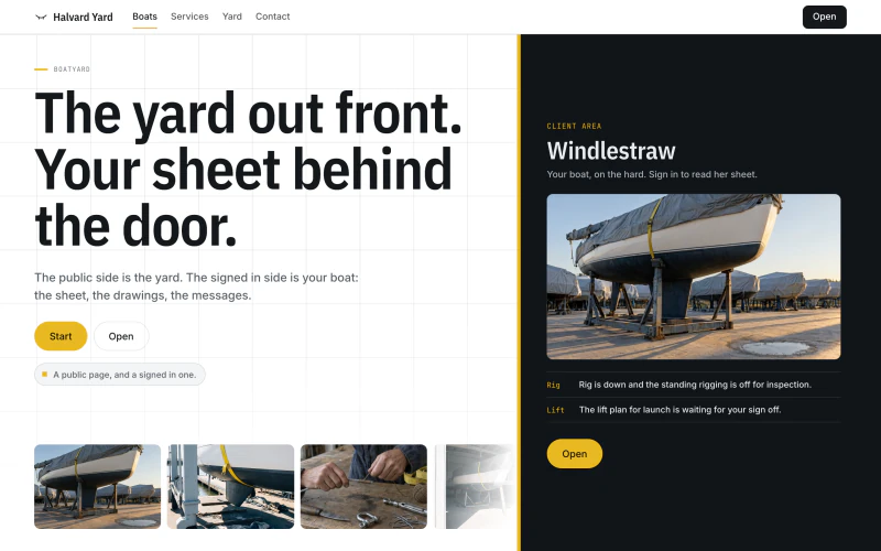 Halvard Yard demo website, first screen