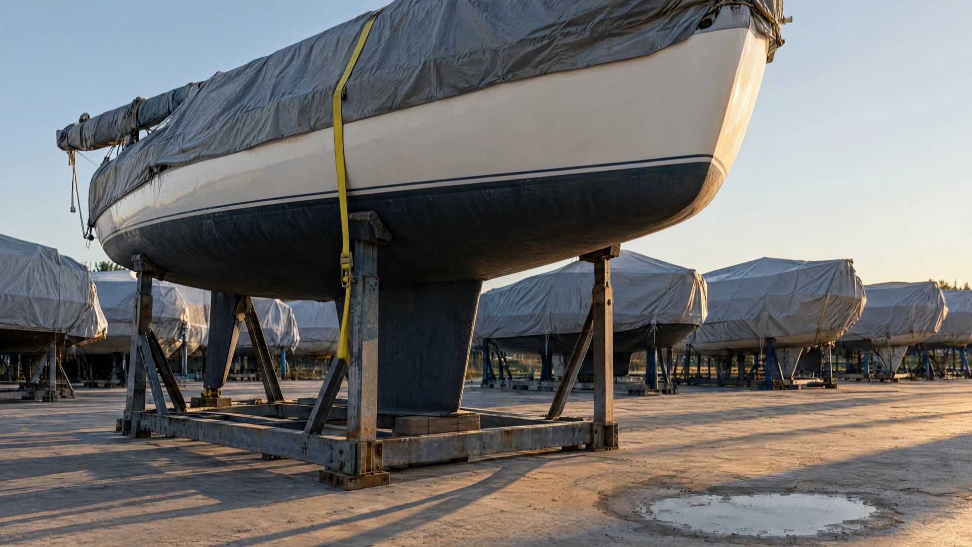 A yacht on the hard under a grey cover, a yellow strap across it, the cover lifting a little in the wind.
