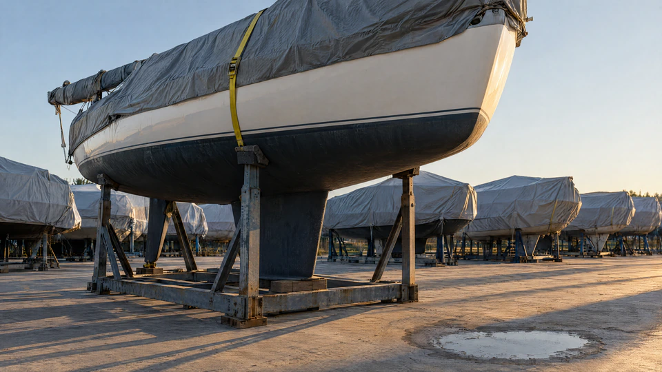 A white sailing yacht stands in a steel cradle in a boatyard at golden hour, its deck under a grey cover held by a yellow strap.