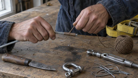 Hands whipping the end of a halyard at a bench, a marlinspike and shackles beside the rope.
