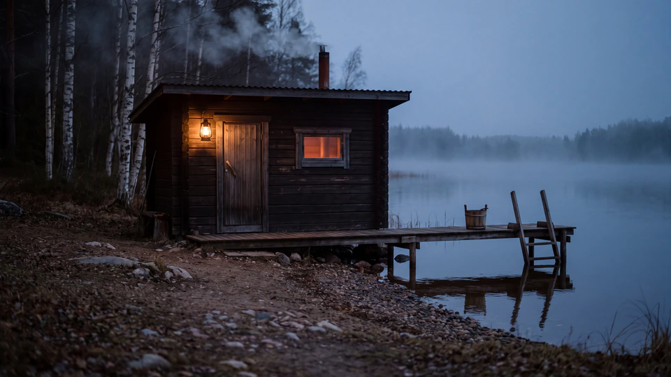 A small dark timber bathhouse at the edge of a misty lake at dusk, a lantern lit by the door and the stove glowing in the window.
