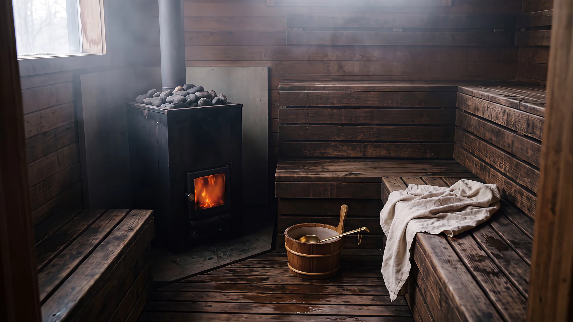A slow move toward a wood stove in an empty cedar sauna as steam rises off the hot stones and the fire flickers behind the glass.
