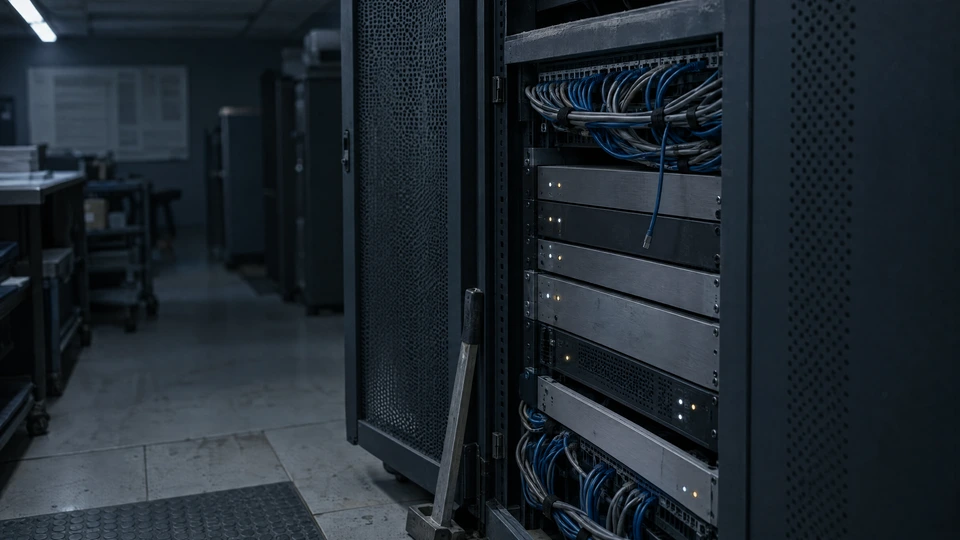 An open equipment rack in a small machine room, cable bundles combed behind matte metal faces and a few indicator lamps.
