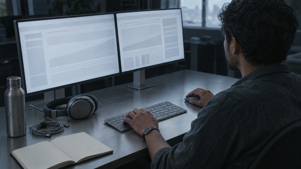 Hands on a low keyboard at a matte metal desk, two monitors glowing with soft abstract grey shapes in a dim room.
