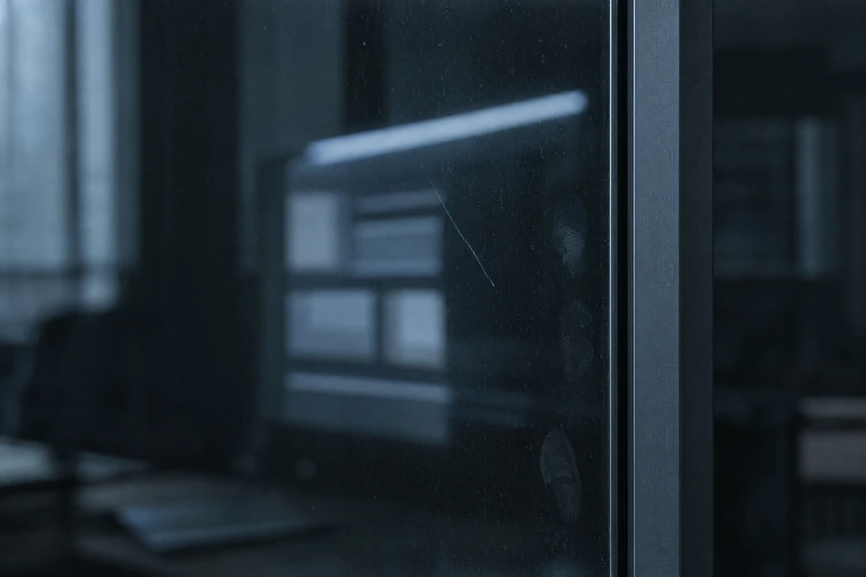A monitor's pale abstract chart shapes reflected in a smoked glass partition, doubled, dusty and out of focus.