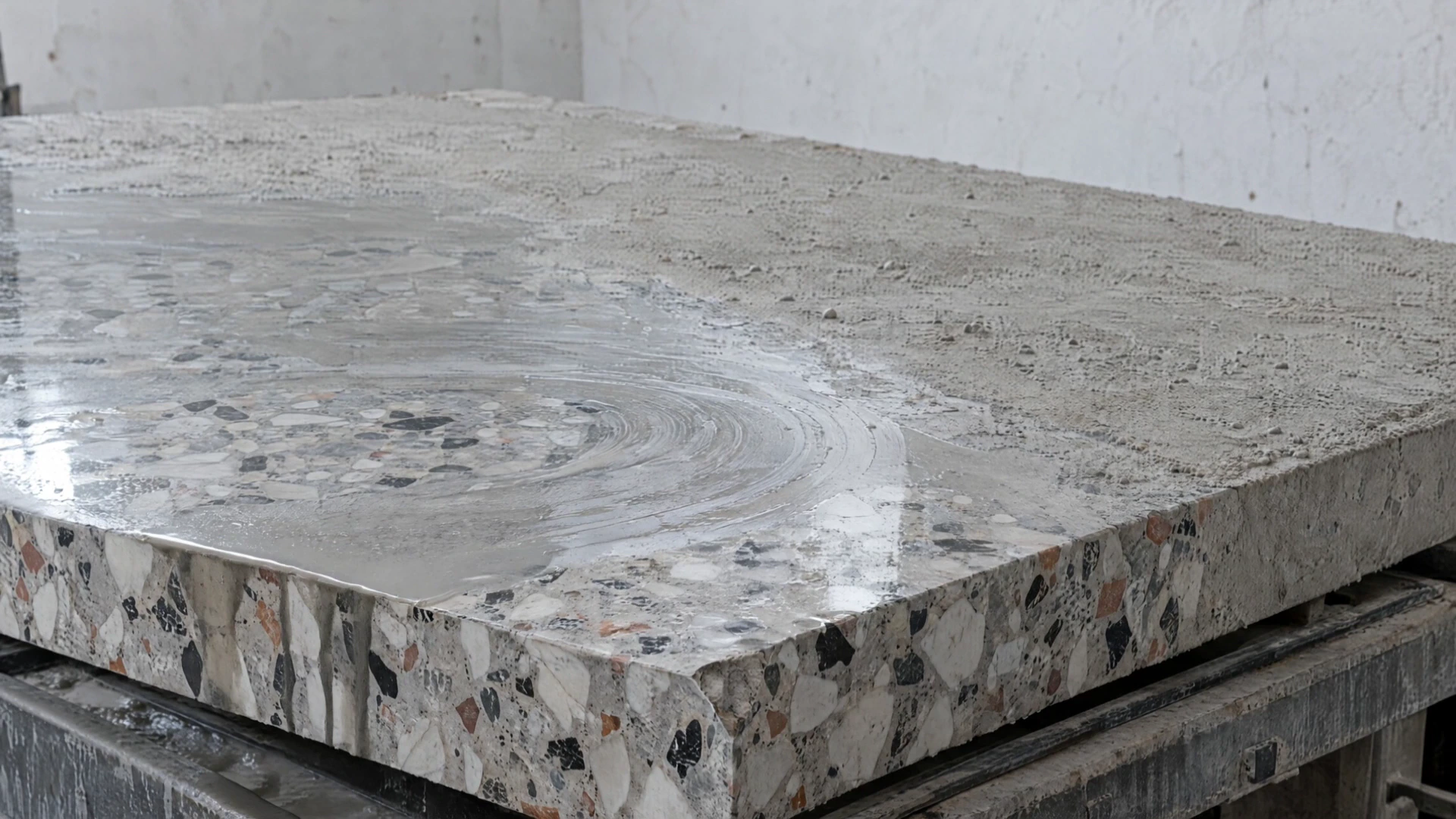 Water sheeting across a freshly honed terrazzo face on the grinding bed, the chips opening up under it.