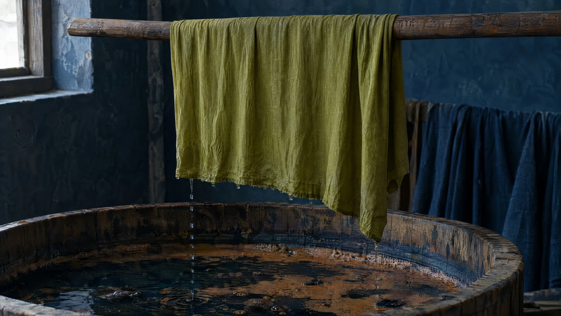 Linen just out of the indigo vat, still yellow green and dripping over the dark liquid, in a stone dye house.